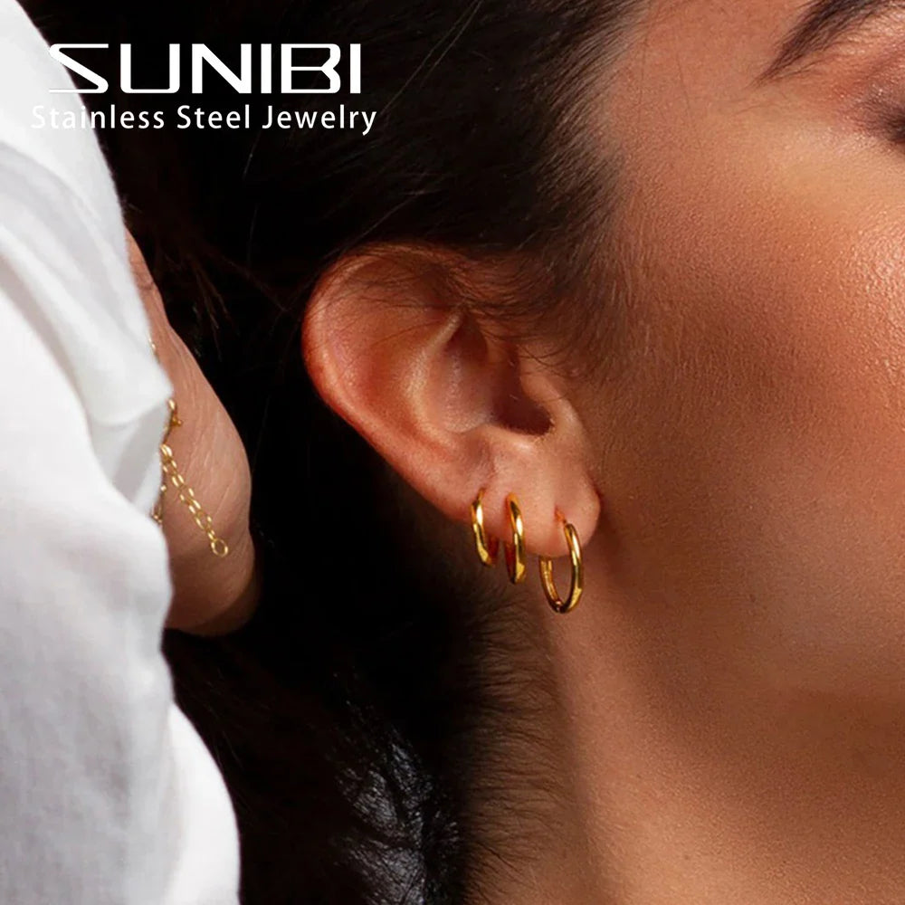 3Pairs Stainless Steel Solid Round Rings Huggies Earrings Set for Women Men Stackable 14K Gold Plated Tiny Ear Cartilage Hoops Vera Lux