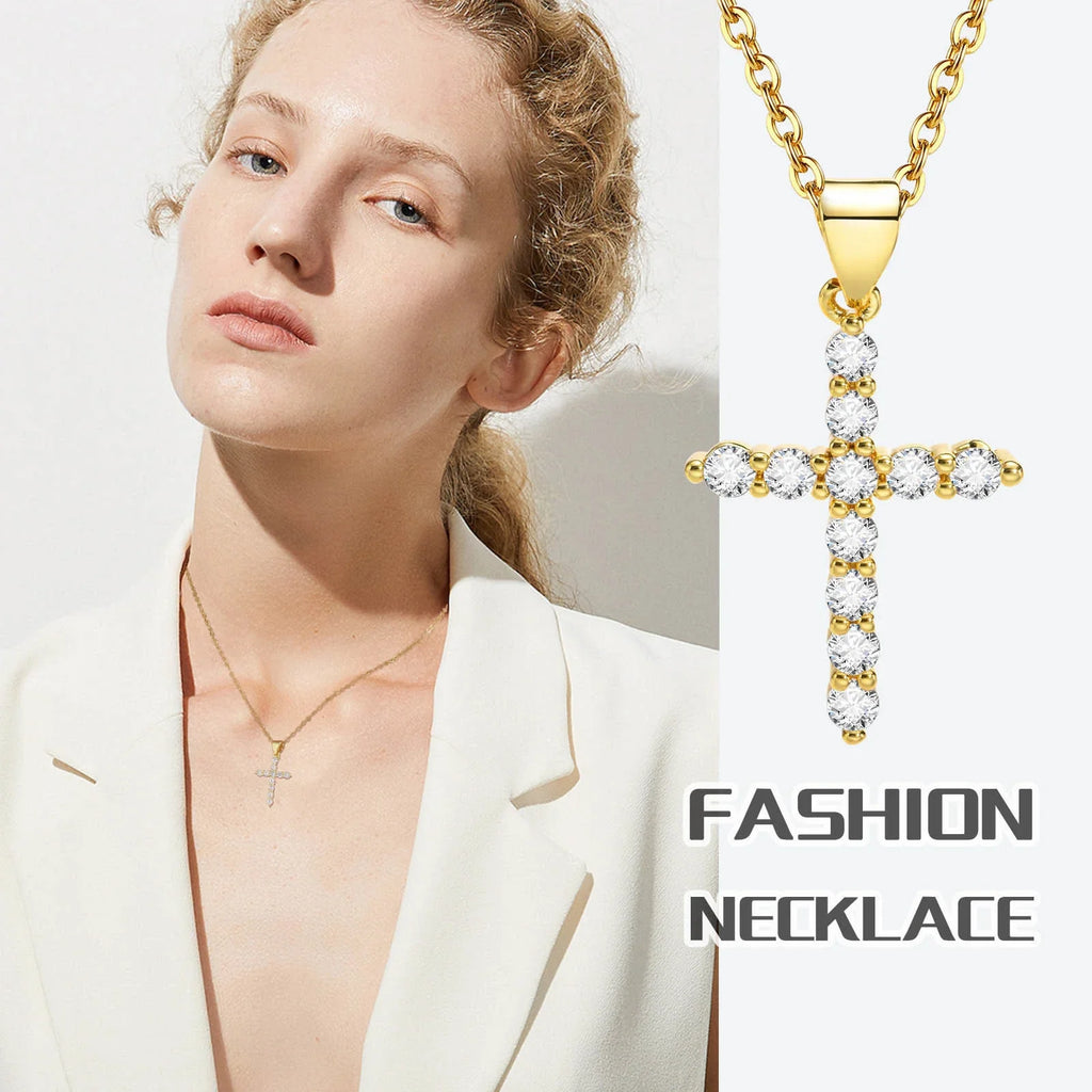 Danity Cubic Zirconia Cross Pendant Necklace for Women, Stainles Steel Chain Adjustable Vera Lux