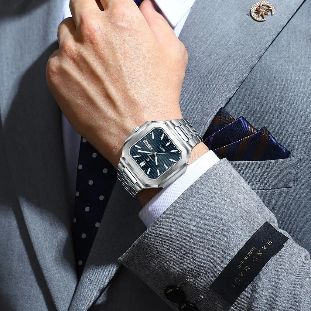 POEDAGAR Square Fashion Man Wristwatch Waterproof Luminous Date Week Quartz Men's Watches Stainless Steel Luxury Men Watch Reloj Vera Lux