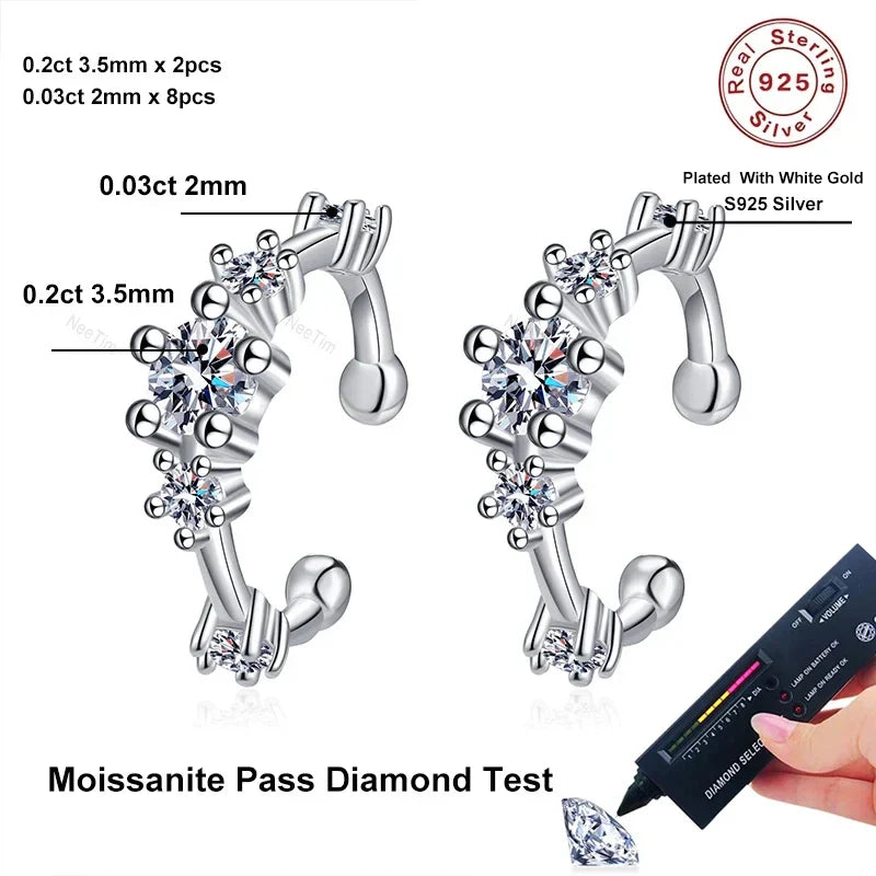 NeeTim Full Moissanite Clip Earrings Women Luxury Quality Hip Hop Party S925 Sterling Silver with White Gold Plated Hoop Earring Vera Lux