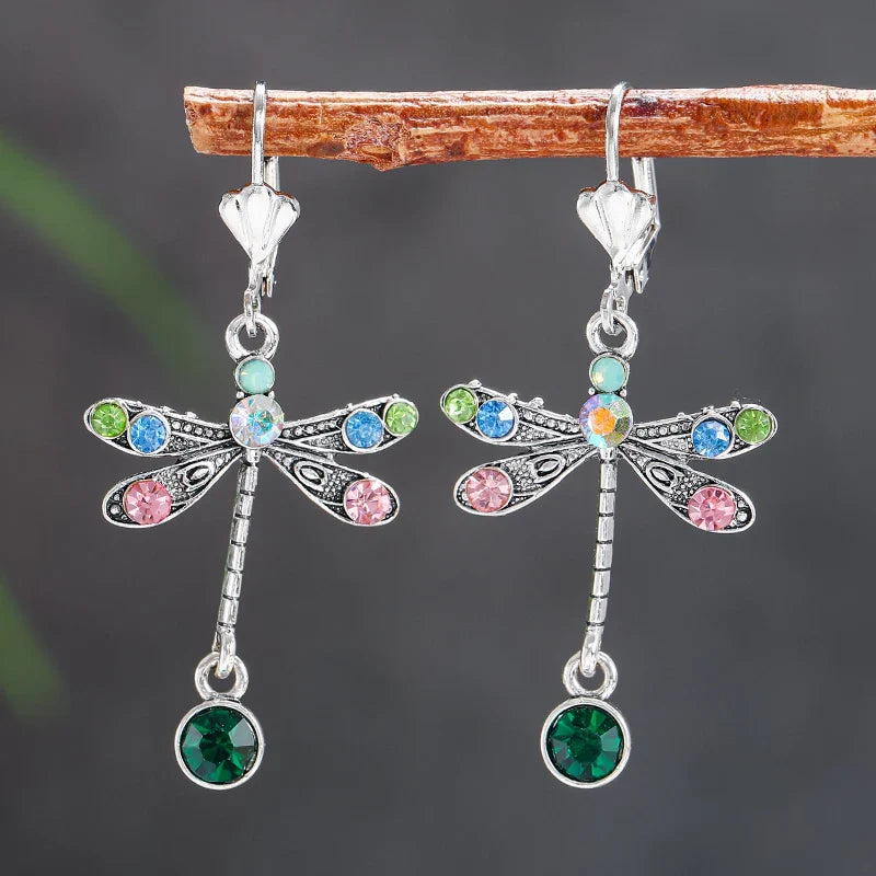 Elegant Personalized Carved Dragonfly Earrings Seven colored gems Hook Drop Earrings Wedding Engagement Earrings for women Vera Lux