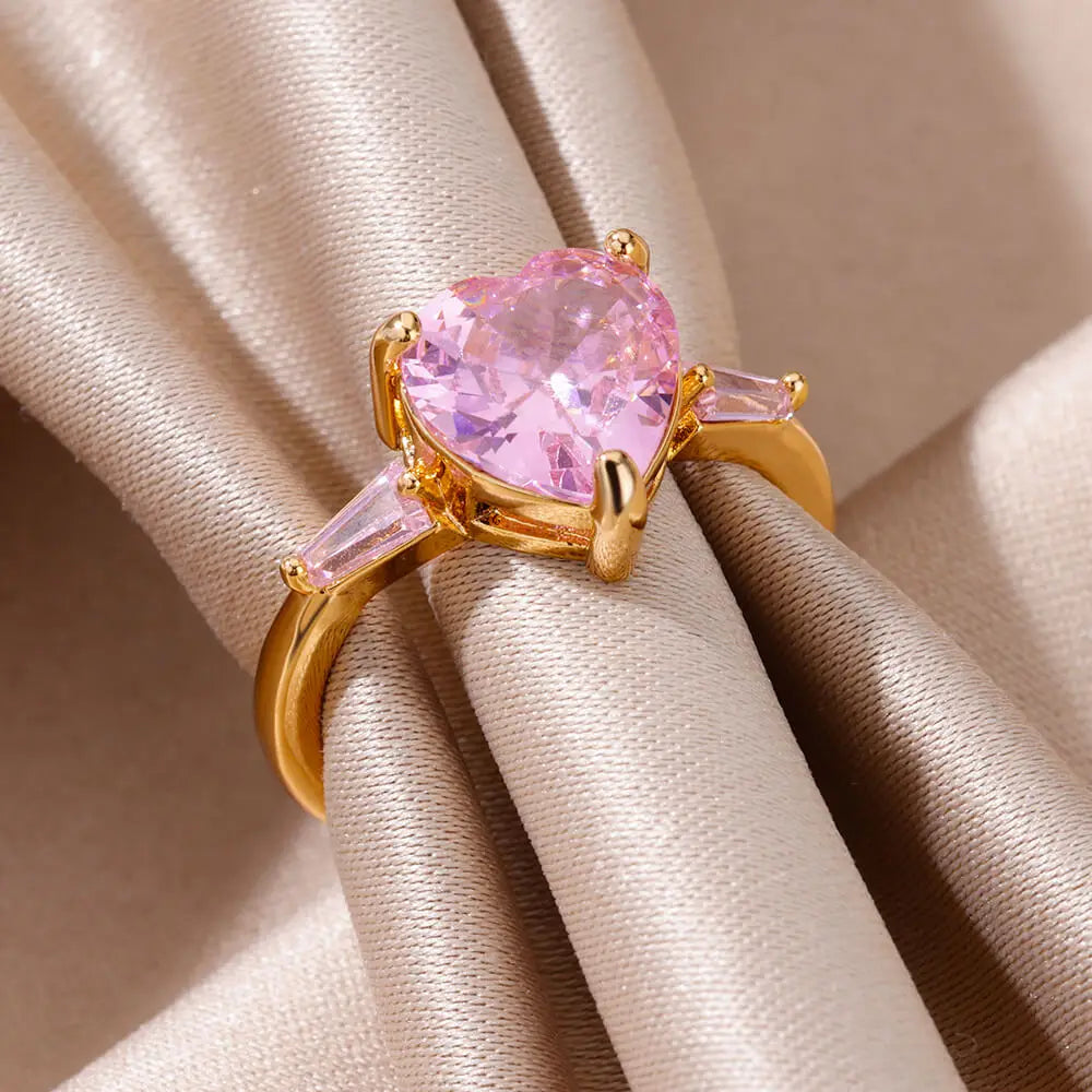 Pink Zircon Heart Rings For Women Gold Plated Stainless Steel Adjustable Heart Ring 2023 Trend Wedding Aesthetic Jewelry Gift Vera Lux