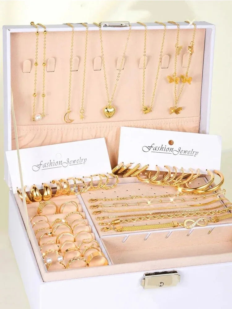 New 57 Pcs/Set Fashion Jewelry Sets For Women Metal Wide Face Earrings Necklaces Bracelets Ankles Rings Combinations Set Jewelry Vera Lux