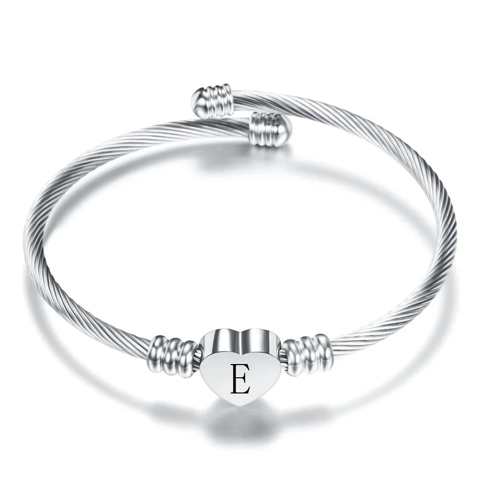 Initial Letter Stainless Steel Cuff Bracelet For Women 26 Alphabet Heart Charm Bangle Female Fashion Birthday Party Jewelry Vera Lux