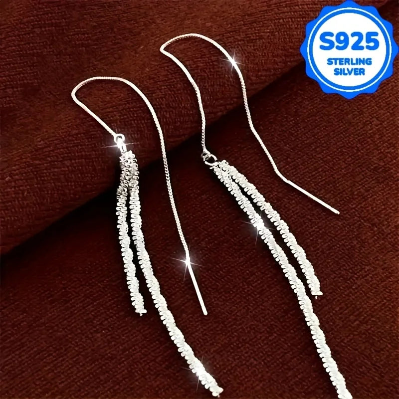 A pair of 2 pieces, women's fashionable hanging earrings, retro Bohemian style, hypoallergenic S925 silver, sparkling long ear l Vera Lux