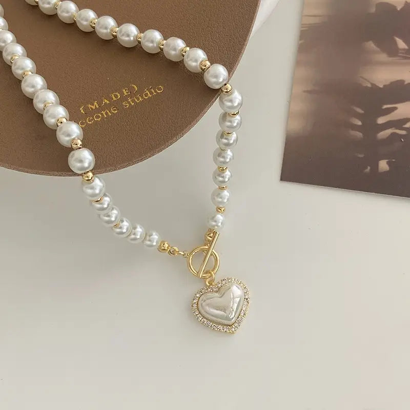 Elegant Pearl Necklace For Women Heart Pendant Necklaces Luxury Imitation Pearls Chain Necklaces Korean Jewelry Girls Gifts Vera Lux