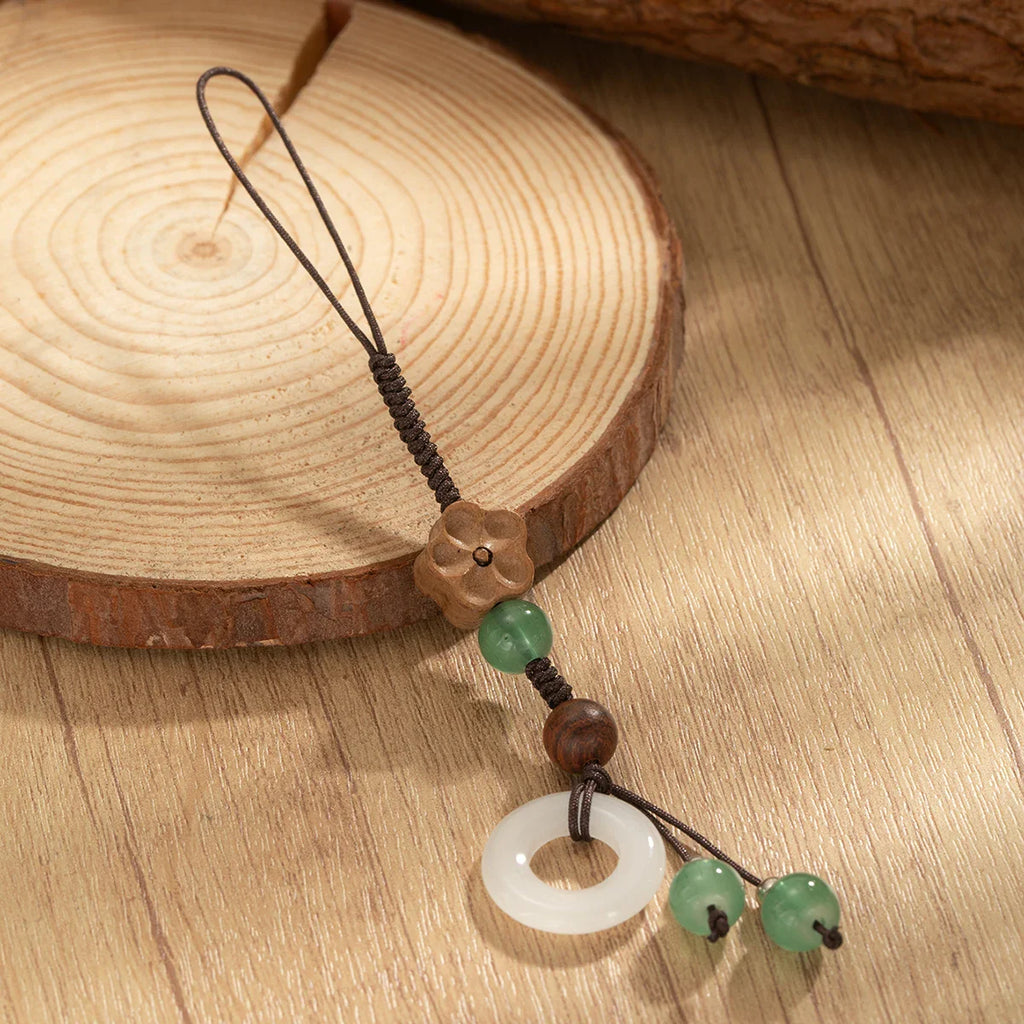 Vintage style wooden plum blossom woven ring wall round bead tassel phone chain Vera Lux