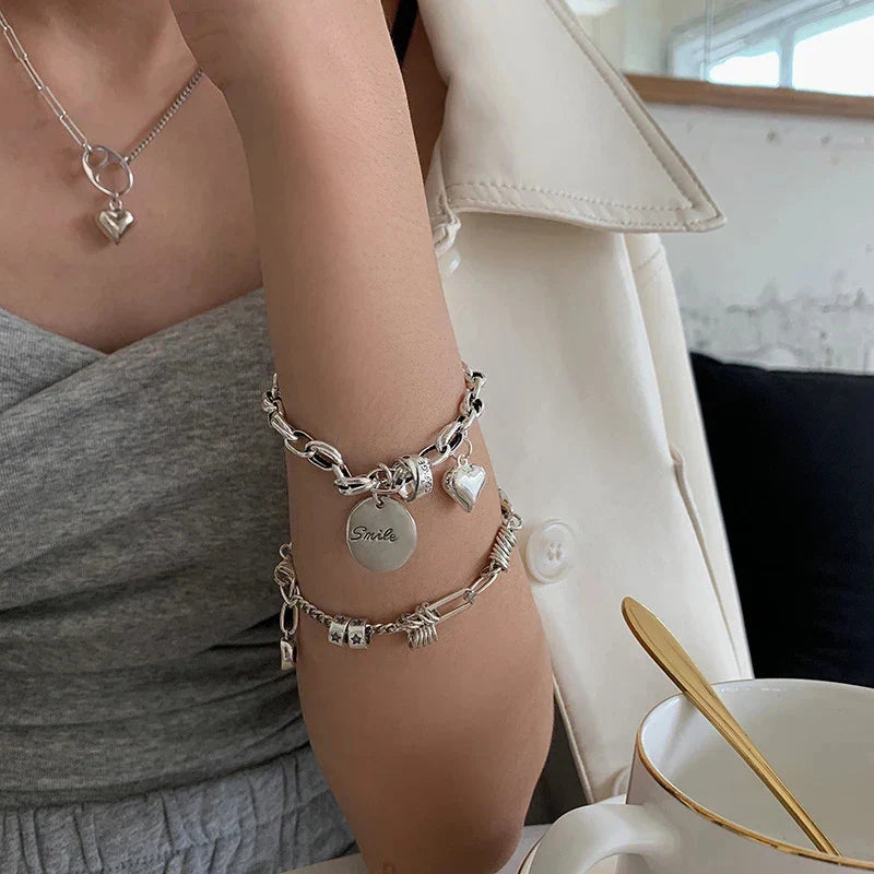 Sterling Silver plated Thai Silver Bracelet for Women Vintage Geometric Heart Love Lucky Punk Jewelry 2023 New Dropship Vera Lux