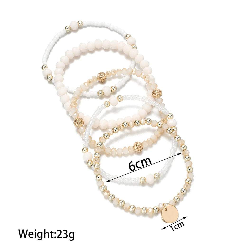 5Pcs Fashion Resin Beaded Bracelet Set For Women Round Piece Charm Elastic Bead Chain Bangle Wrist Strap Female Vacation Jewelry Vera Lux