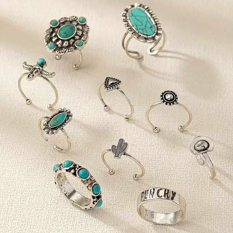 10pcs Trendy Western Style Rings Set for Women Men Vintage Turquoise Bull Head Lotus Sun Design Ring Daily Outfits Jewelry Gifts Vera Lux