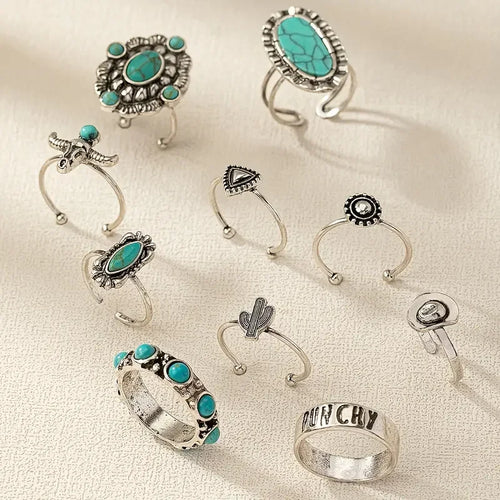 10pcs Trendy Western Style Rings Set for Women Men Vintage Turquoise Bull Head Lotus Sun Design Ring Daily Outfits Jewelry Gifts Vera Lux