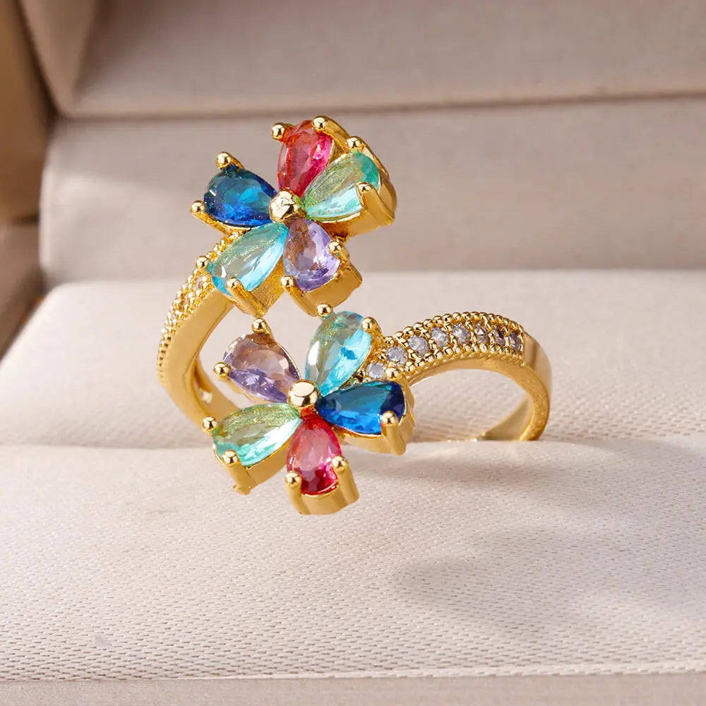 Colored Zircon Double Flower Rings For Women Gold Plated Stainless Steel Flower Opening Ring Wedding Aesthetic Jewelry Gift 2023 Vera Lux