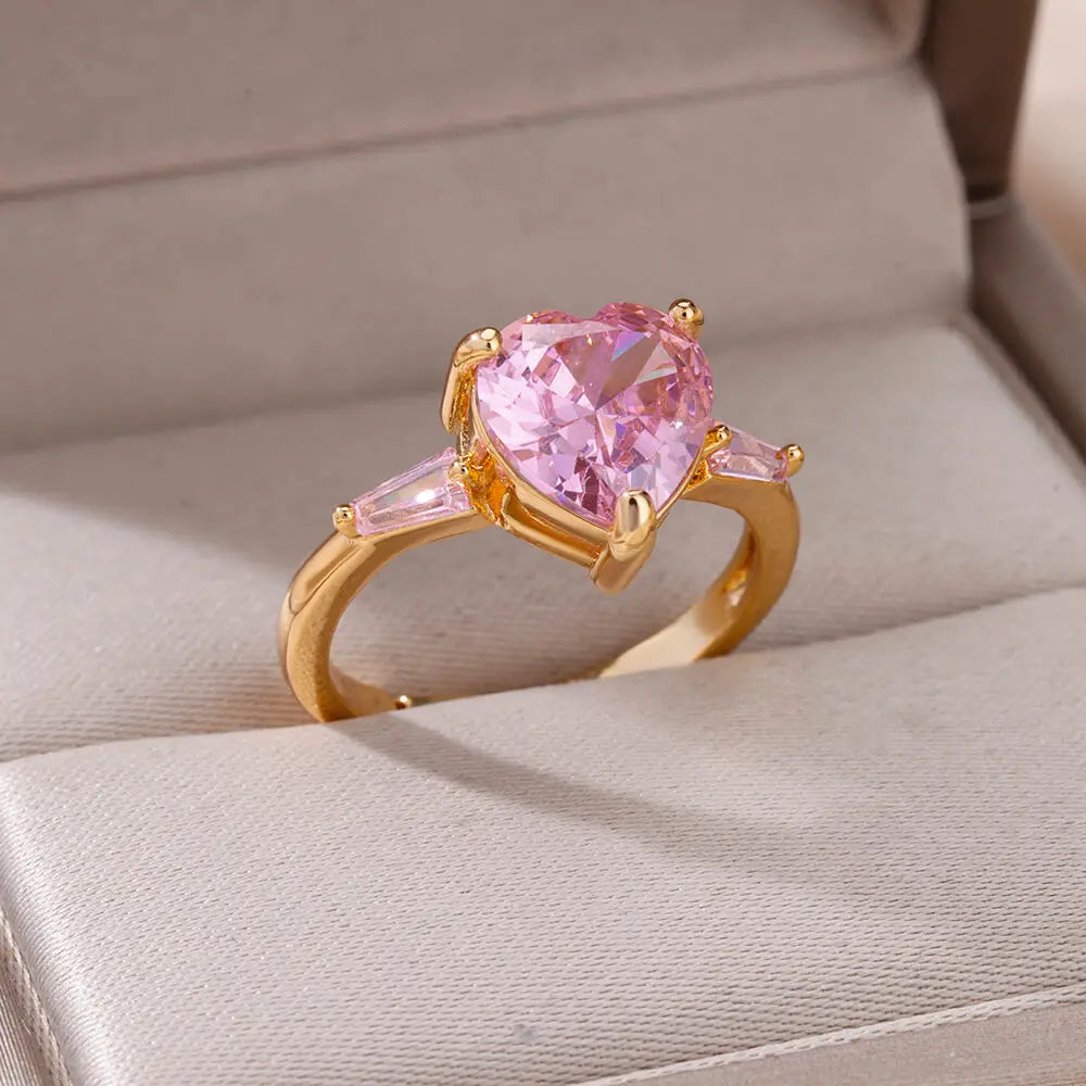 Pink Zircon Heart Rings For Women Gold Plated Stainless Steel Adjustable Heart Ring 2023 Trend Wedding Aesthetic Jewelry Gift Vera Lux