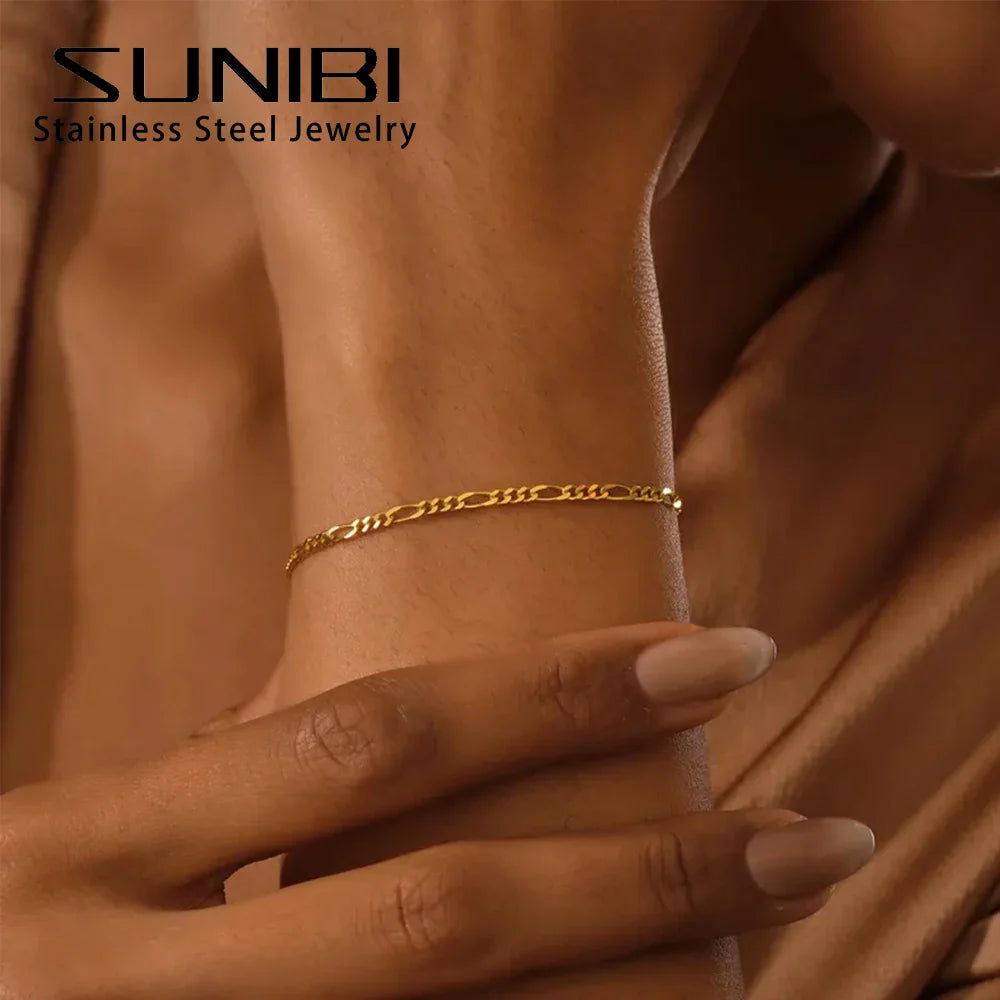 SUNIBI Stainless Steel Bracelet for Women Gold Color Charm Fashion Figaro Link Chain Bracelets Jewelry Wholesale/Dropshipping Vera Lux