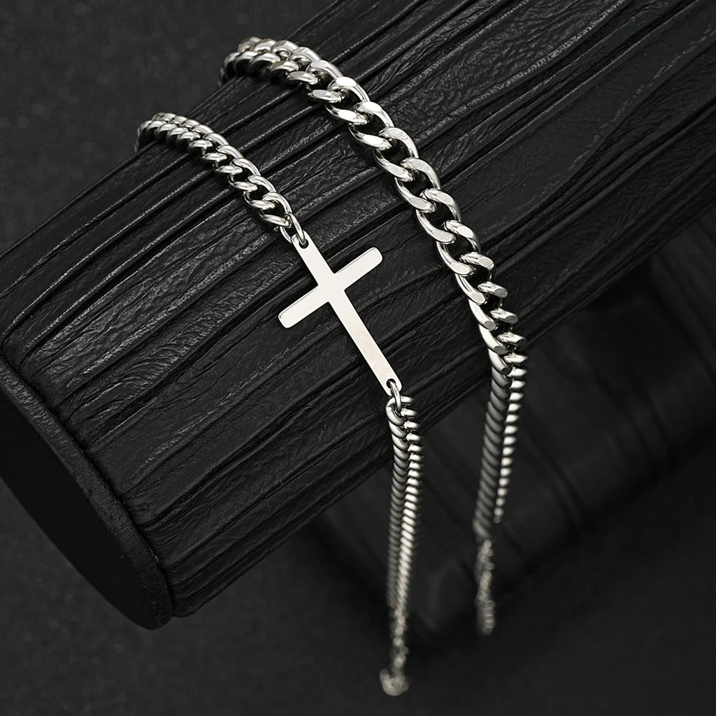 2024 New Stainless Steel Cross Cuban Chain Bracelet Set for Men Hip Hop Punk Snake Chain Bracelets Fashion Unisex Jewelry Gifts Vera Lux