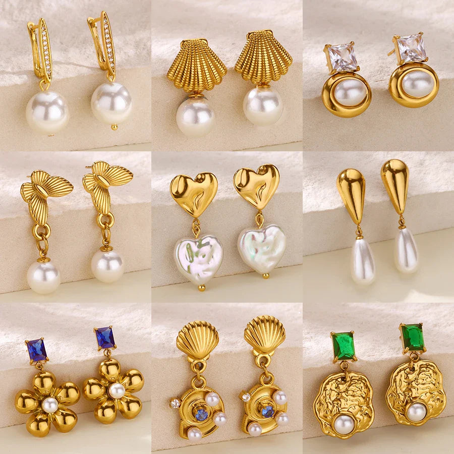 Elegant Imitation Pearl Earrings for Women Stainless Steel Heart Butterfly Shell Drop Earrings Luxury Aesthetic Jewelry Gift Vera Lux