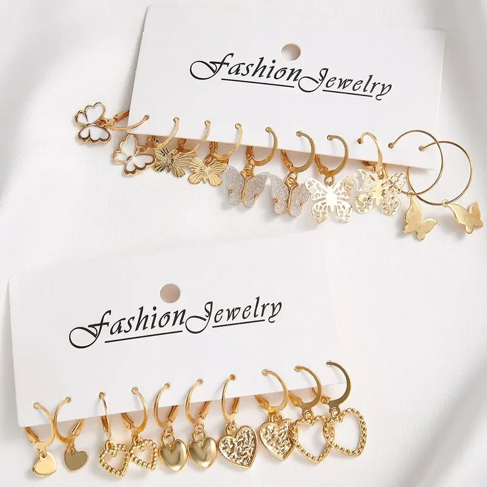 10pcs Gold Color Creative Simple Earrings Set for Women Fashion Temperament Hollowed-out Butterfly Love Earrings Jewelry Gifts Vera Lux
