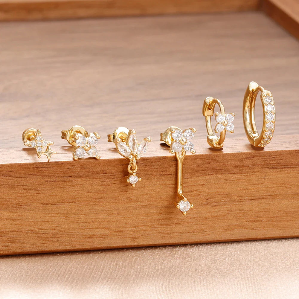6PCS Fashion Cute Zircon Flower Ear Stud For Women Fashion 18K Gold Plated Star Ear Stud Earring Piercing Girl Set Jewelry Gift Vera Lux