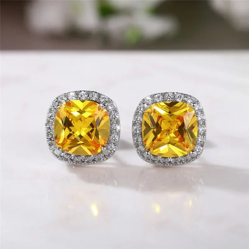 Ne'w Bright White/Yellow/Pink CZ Stud Earrings for Women Fashion Contracted Jewelry High Quality Wedding Engagement Vera Lux