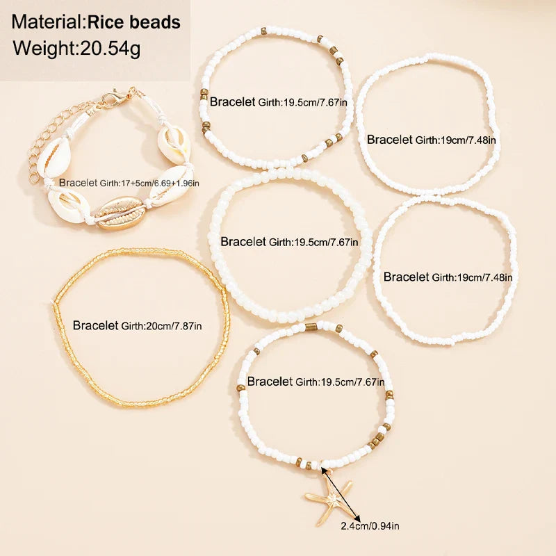 7pcs/set Bohemian Holiday Wind Shell Beaded Woven Bracelet Starfish Rice Beads Women's Bracelet Set Beach Party Seaside Holiday Vera Lux