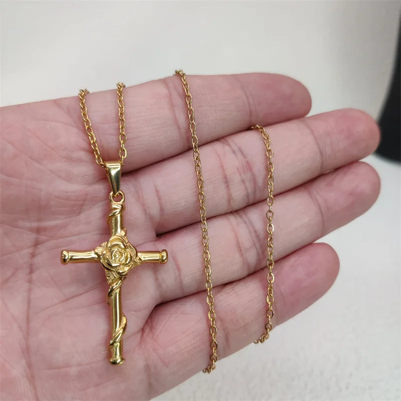 Waterproof Vintage 18k Gold Plated Stainless Steel Charm Rose Cross Pendant Necklace For Men Women Jewelry Gift Vera Lux