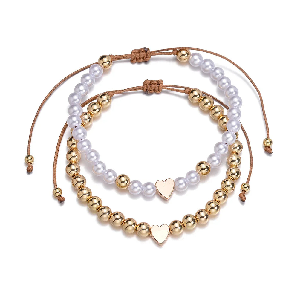 2 PSC Love Imitation Pearl Beaded Adjustable Rope Chain Valentine's Day Jewelry Gift Couple Bracelet Vera Lux