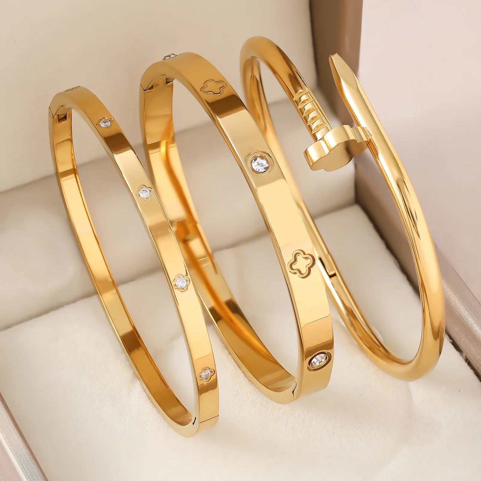1pc 18K Gold Plated Stainless Steel Stackable Bracelet With Chain And Clover Design, Fashion Style For Women, Suitable For Casua Vera Lux