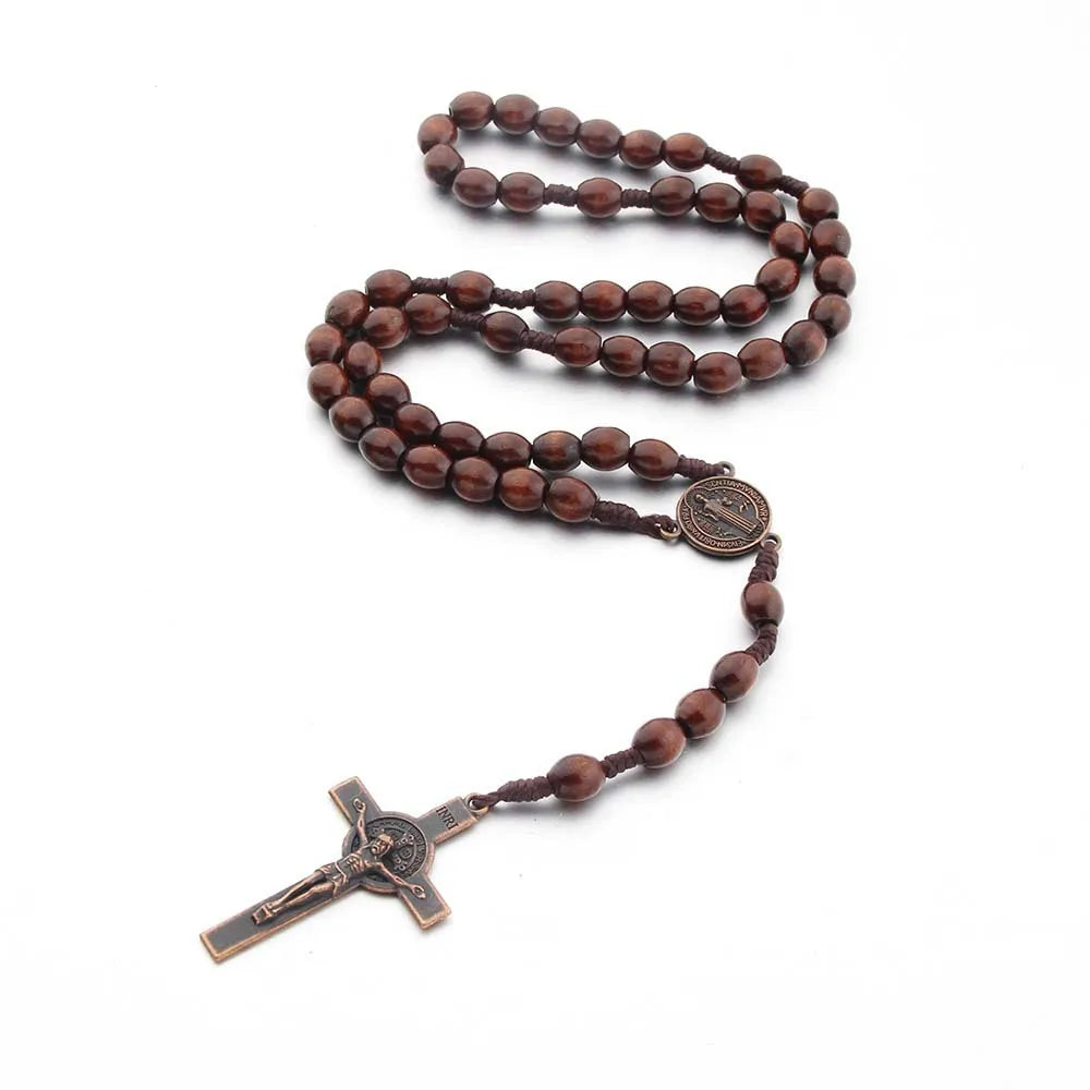 Handmade Wood Beads Rosary Necklace For Women Men Crucifix Cross Pendant Long braided Rope Chain Religious Prayer Jewelry Vera Lux