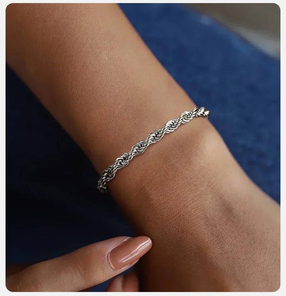 ALIZERO 925 Sterling Silver Unisex 4mm Rope Chain Bracelets for Men Women Twisted Links Chain Bracelet Simple Classic Jewelry Vera Lux