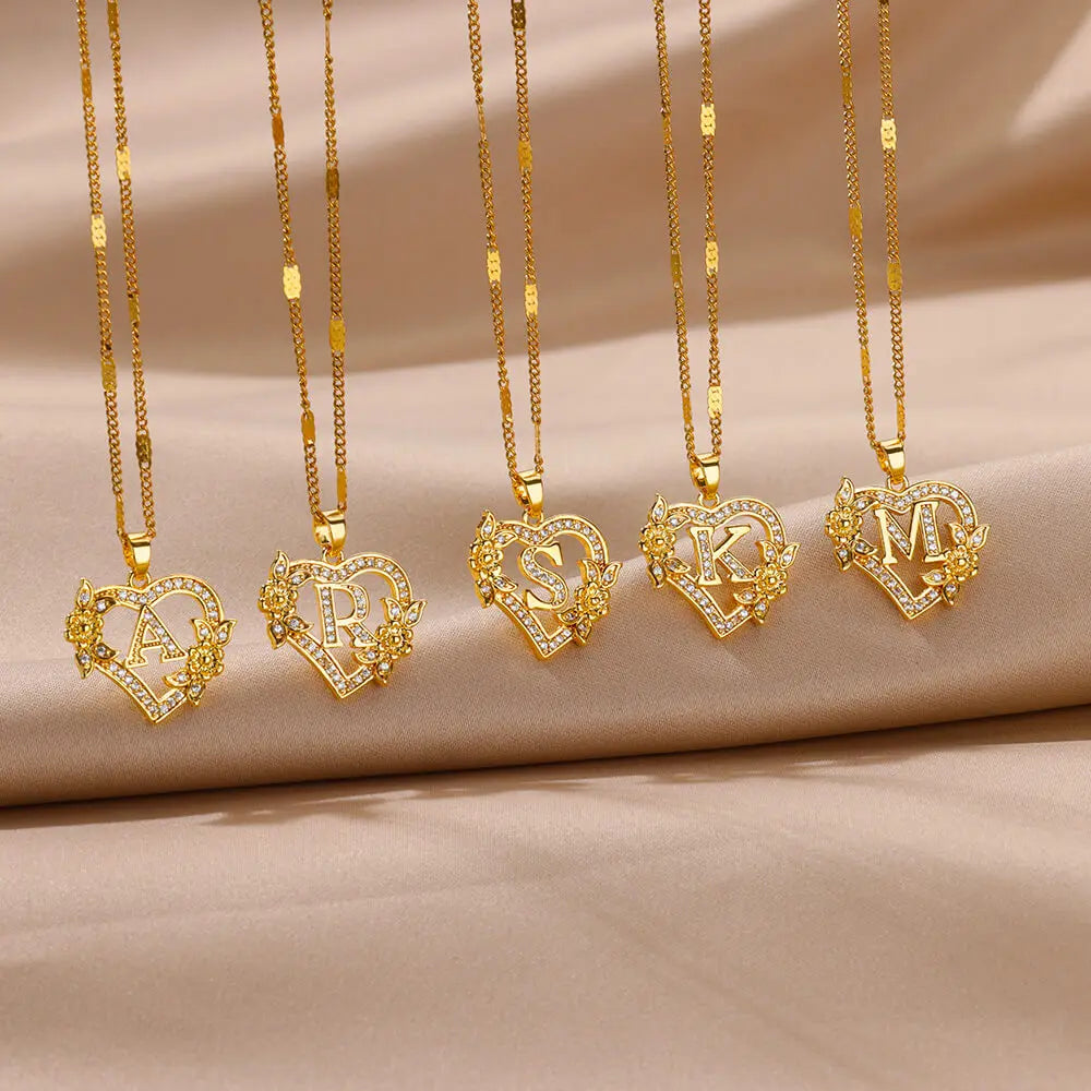 Zircon Flower Initials Necklaces For Women Stainless Steel Heart Gold Color Letter Chain Collar 2025 New Trend Wedding Jewelry Vera Lux