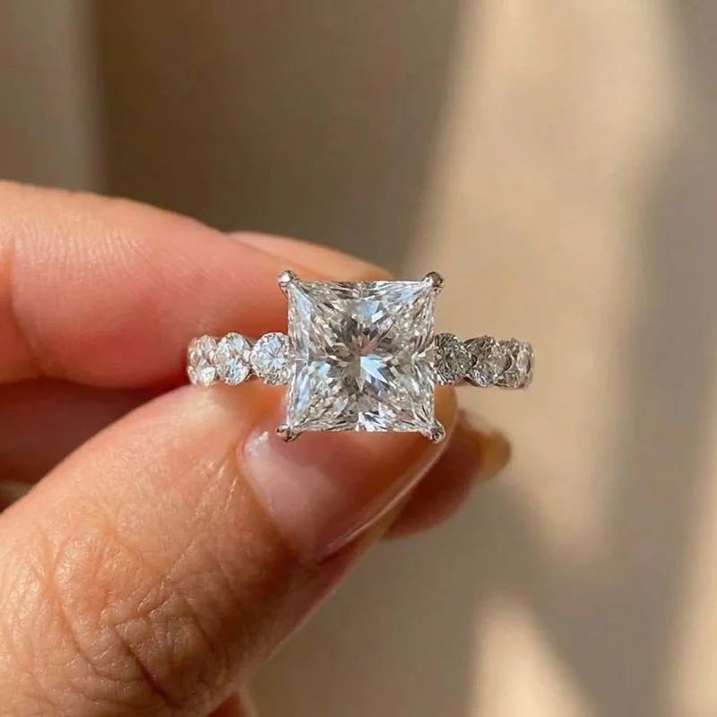 925 Sterling Silver Eternity Princess Square Cubic Zirconia Crystal Rings Women's Wedding Engagement Luxury Classic Lady Jewelry Vera Lux