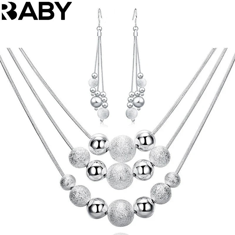 URBABY 925 Sterling Silver 18-inch Frosted Beads Pendant Earrings Necklace for Woman Fashion Jewelry Set Wedding Gift Vera Lux
