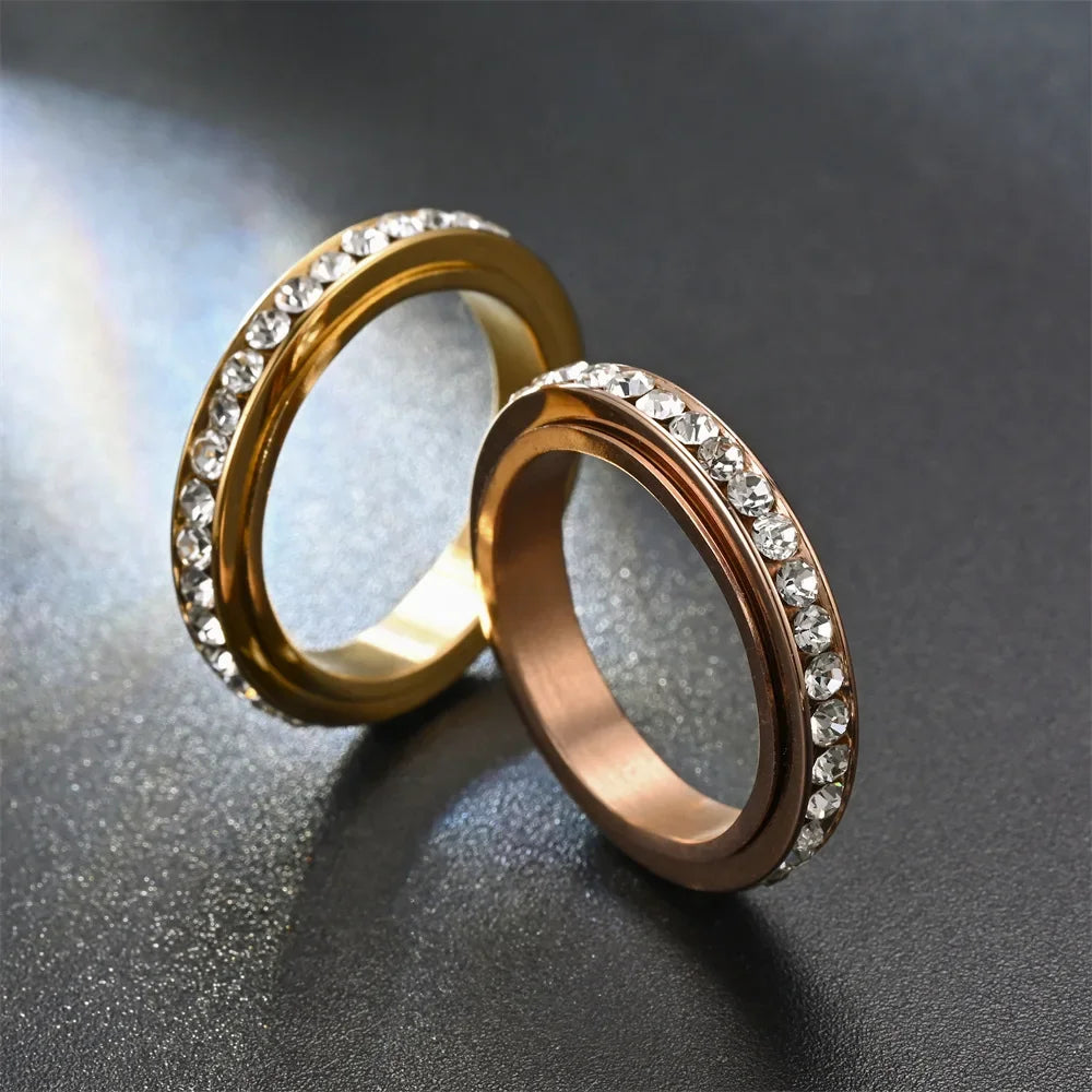 4MM Stainless Steel Spinner Finger Rings For Women Crystal Rotatable Wedding Ring Men Fashion Anniversary Party Jewelry Vera Lux