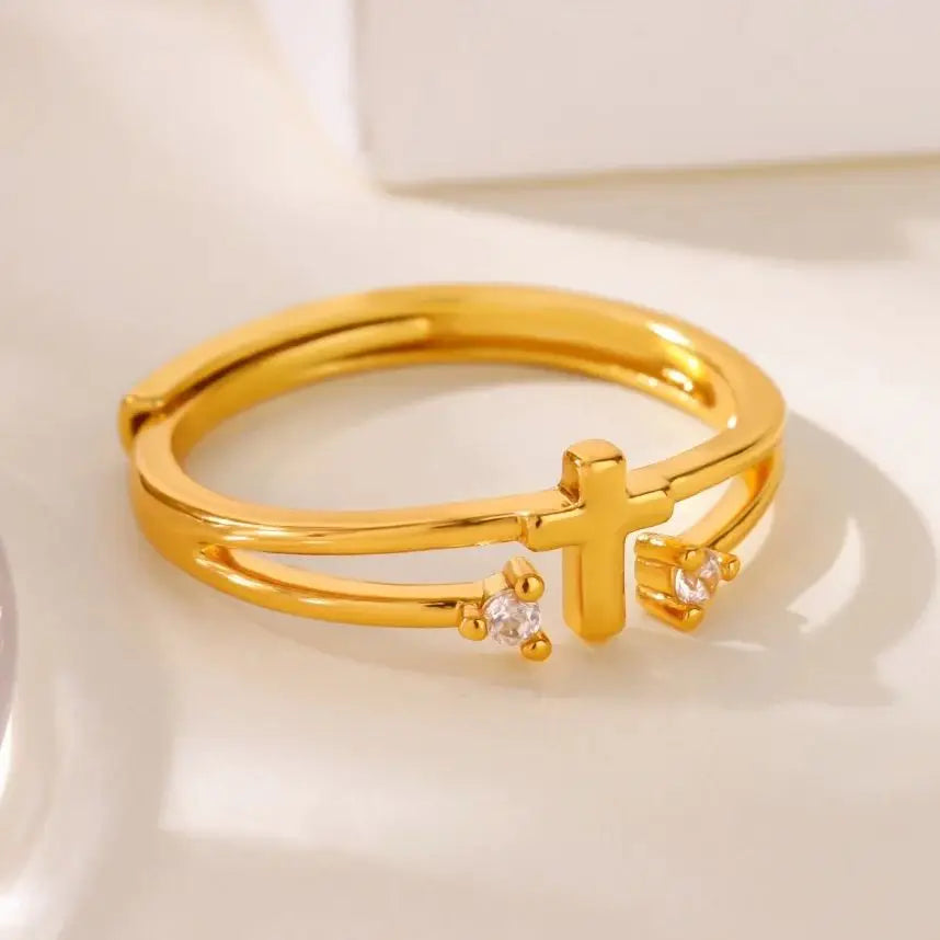 Zircon Cross Rings For Women Gold Color Stainless Steel Crystal Cross Adjustable Ring Religious Wedding Christmas Jewelry Gift Vera Lux