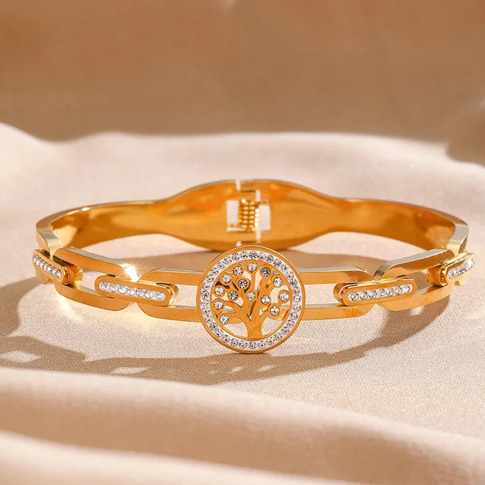 Luxury Stainless Steel Tree of Life Bracelet For Women Men Golden Cubic Zircon No Fade Color Lucky Cuff Bangle Jewelry Vera Lux