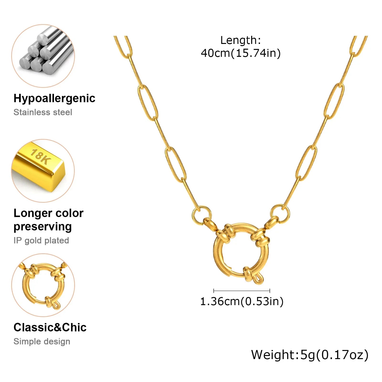 Paperclip Chain Choker Necklace, Women's Stainless Steel Spring Buckle Penddant Necklace, Waterproof 18k Gold Plated Jewelry Vera Lux