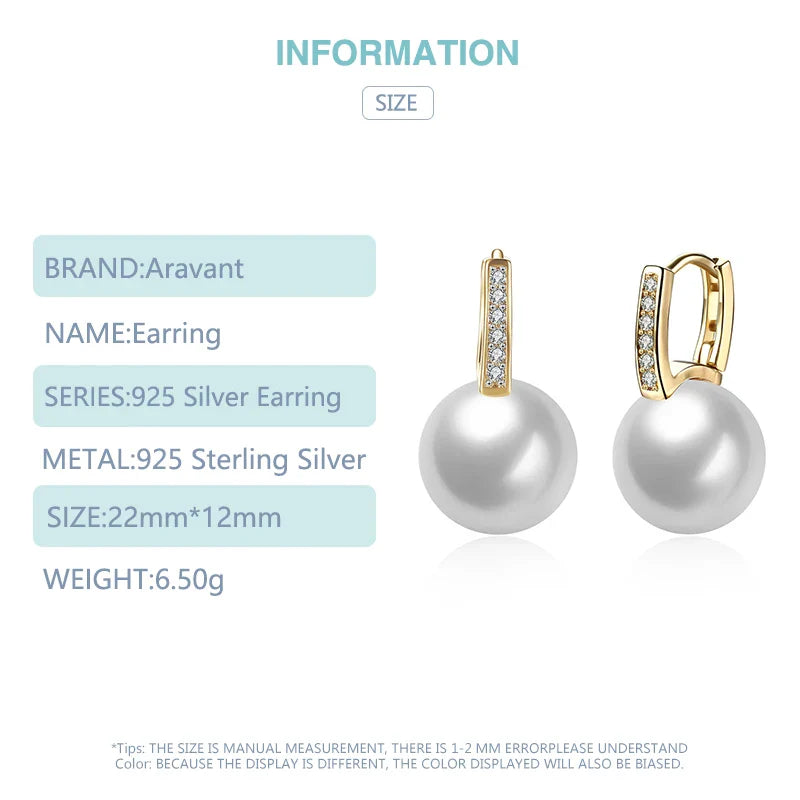Aravant 925 Silver 18K Gold 12mm Pearl Drop Earrings For Women Wedding Fashion Jewelry Vera Lux