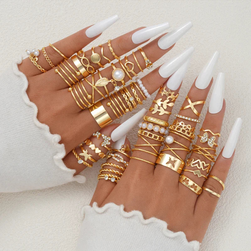 58PCS Vintage Heart Snake Butterfly Rings Set for Women Fashion Metal Gold Plated Geometric Hollow Finger Ring Jewelry Gifts New Vera Lux