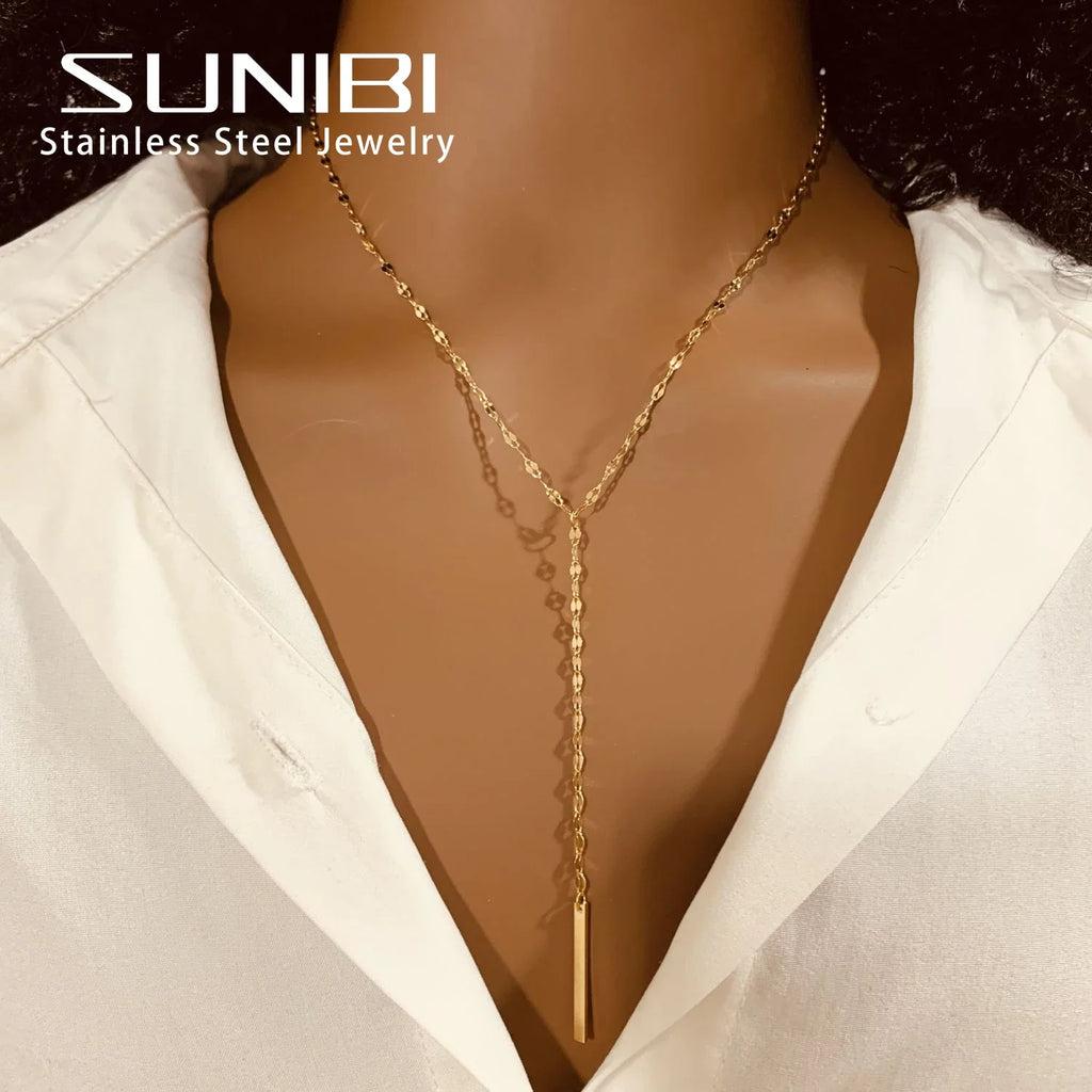 SUNIBI Vertical Bar Pendant Necklaces Stainless Steel Simple Long Lariat Chain Minimalist Dangle Necklace for Women Jewelry Gift Vera Lux