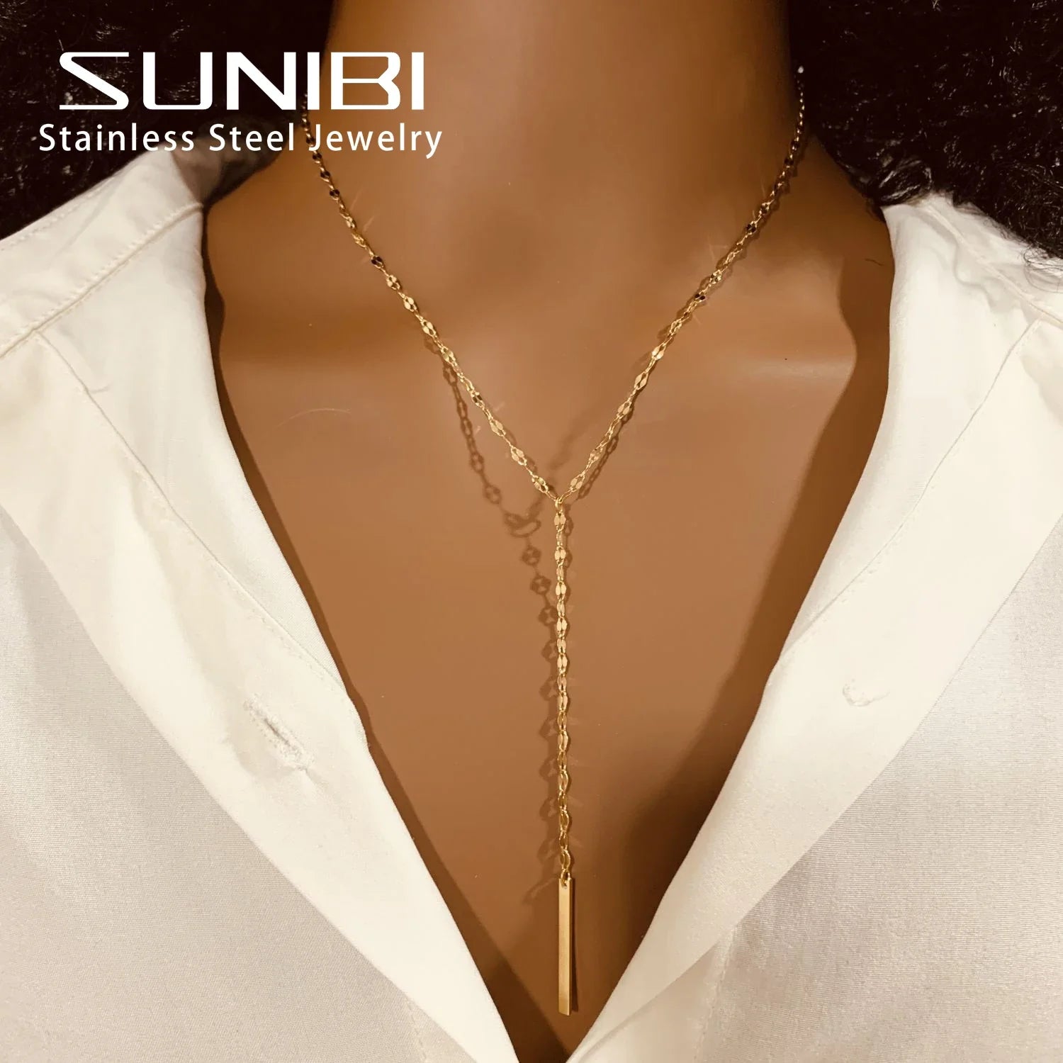 SUNIBI Vertical Bar Pendant Necklaces Stainless Steel Simple Long Lariat Chain Minimalist Dangle Necklace for Women Jewelry Gift Vera Lux