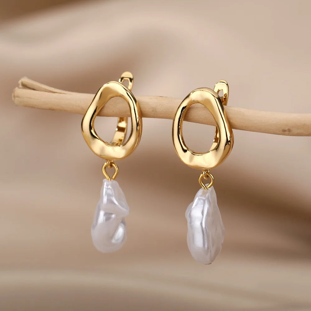 Fashion Circle Imitation Pearl Drop Earrings for Women Gold Color Stainless Steel Round Geometric Hoop Earring Wedding Jewelry Vera Lux