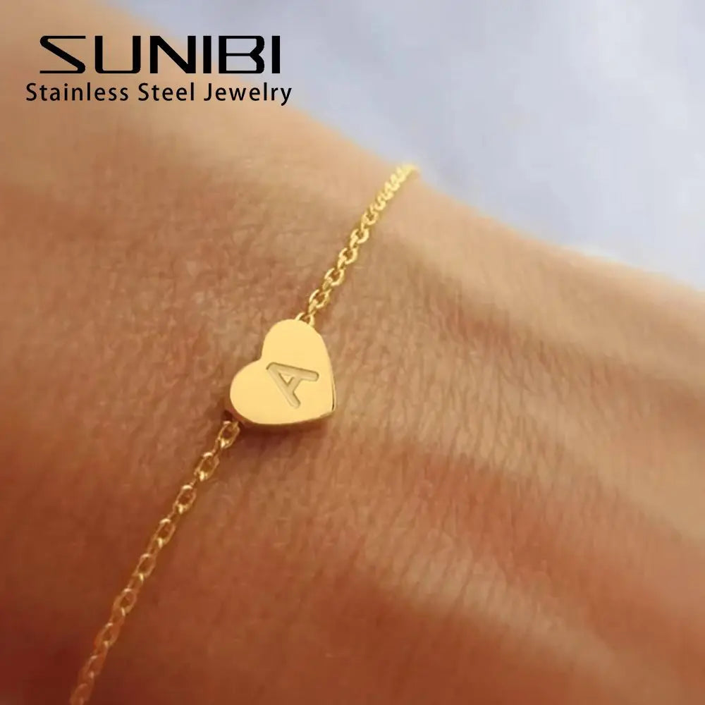 SUNIBI Heart Initial 26 Letter Bracelet for Woman DIY Simple Stainless Steel Adjustable Bracelets Jewelry Wholesale Dropshipping Vera Lux