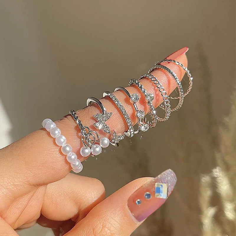 Bohemian Butterfly Pearl Rings Set for Women Shine Pearl Gothic Vintage Plated Retro Rhinestone Simple Finger Jewelry Gift Vera Lux