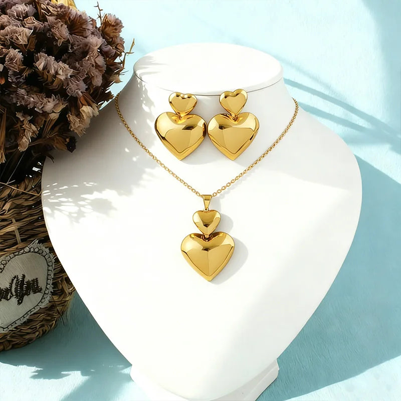 Gold Color Heart Shape Metal Pendant Earrings Sets 24K Gold Plated Simple Fashion Love Collarbone Chain Exquisite Holiday Gifts Vera Lux
