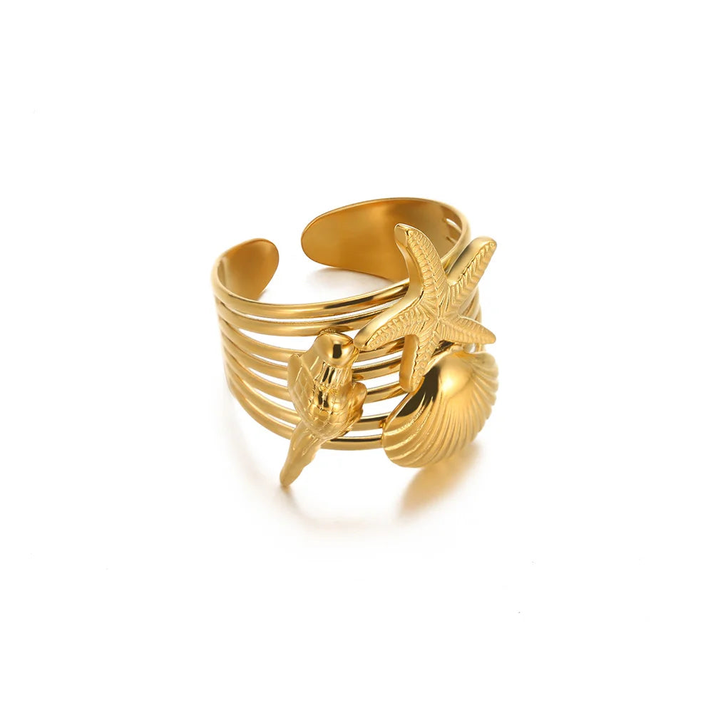 316L Stainless Steel Starfish Shell Rings for Women Gold Color Open Finger Ring Femme Trendy Summer Vacation Ocean Jewelry Gift Vera Lux