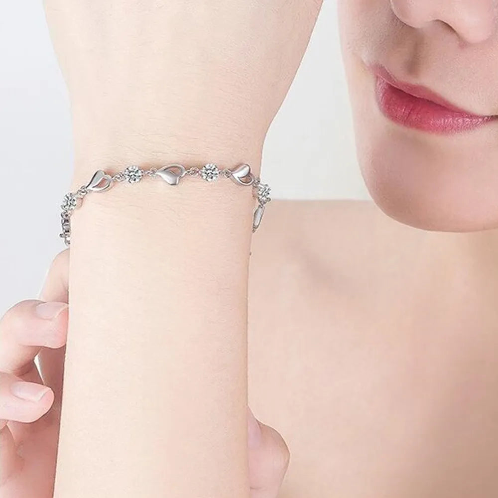 URBABY 925 Sterling Silver Bracelet Jewelry High Quality Retro Heart Wedding Shaped Cubic Zirconia Length 17CM+4CM Vera Lux