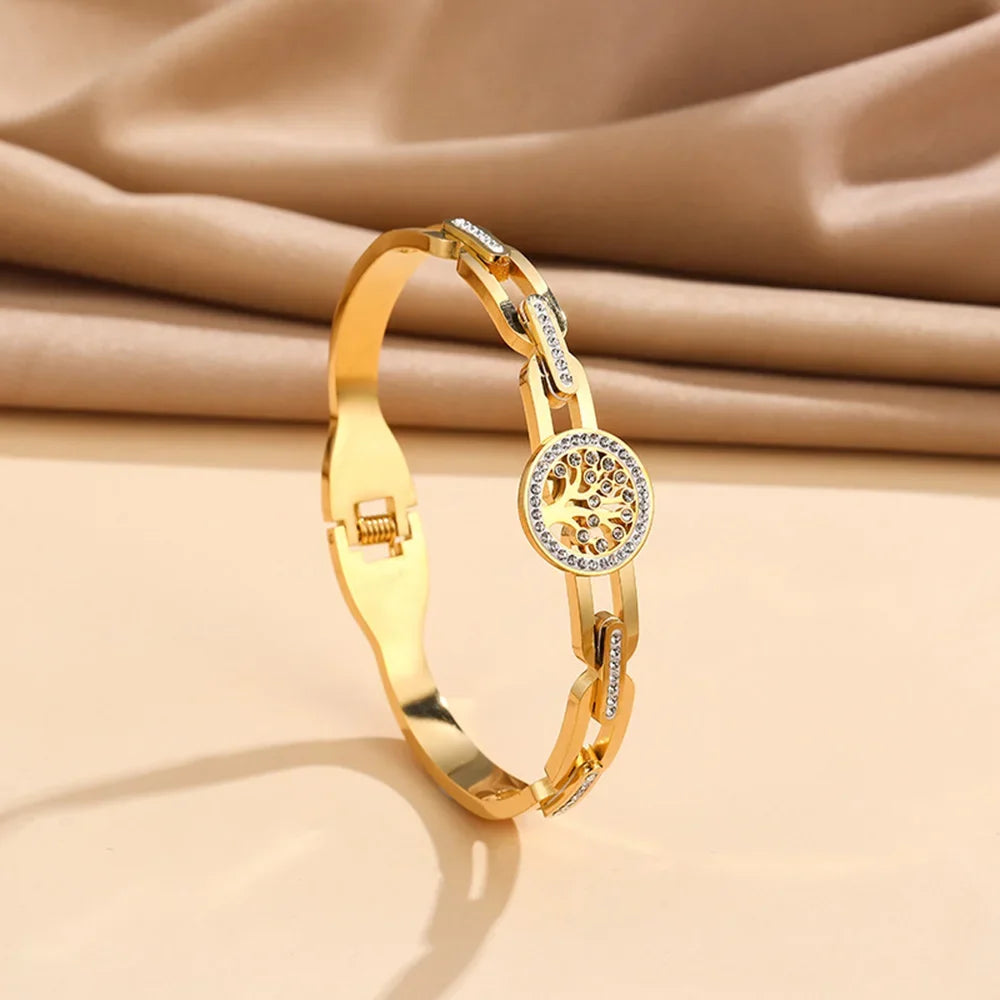 Luxury Stainless Steel Tree of Life Bracelet For Women Men Golden Cubic Zircon No Fade Color Lucky Cuff Bangle Jewelry Vera Lux