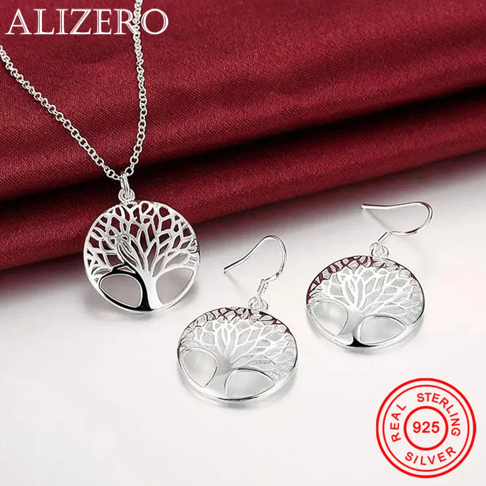 925 Sterling Silver Fine Retro Round Tree Pendant Necklace Earrings Sets For Woman Fashion Party Wedding Jewelry Set Gifts Vera Lux
