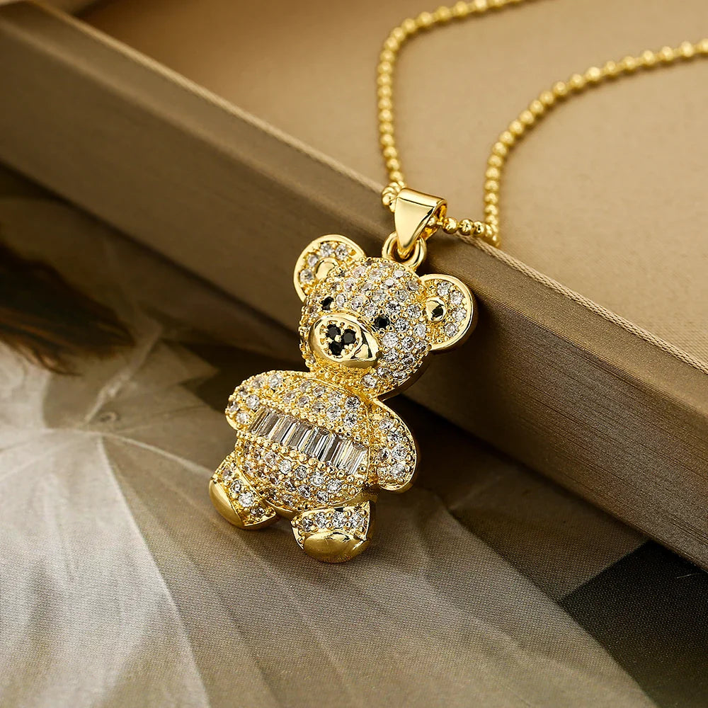 NEWBUY Hot Sale 2 Style Lovely Bear Pendant Necklaces For Women Shiny CZ Zircon Inlay Gold Color Copper Jewelry Vera Lux