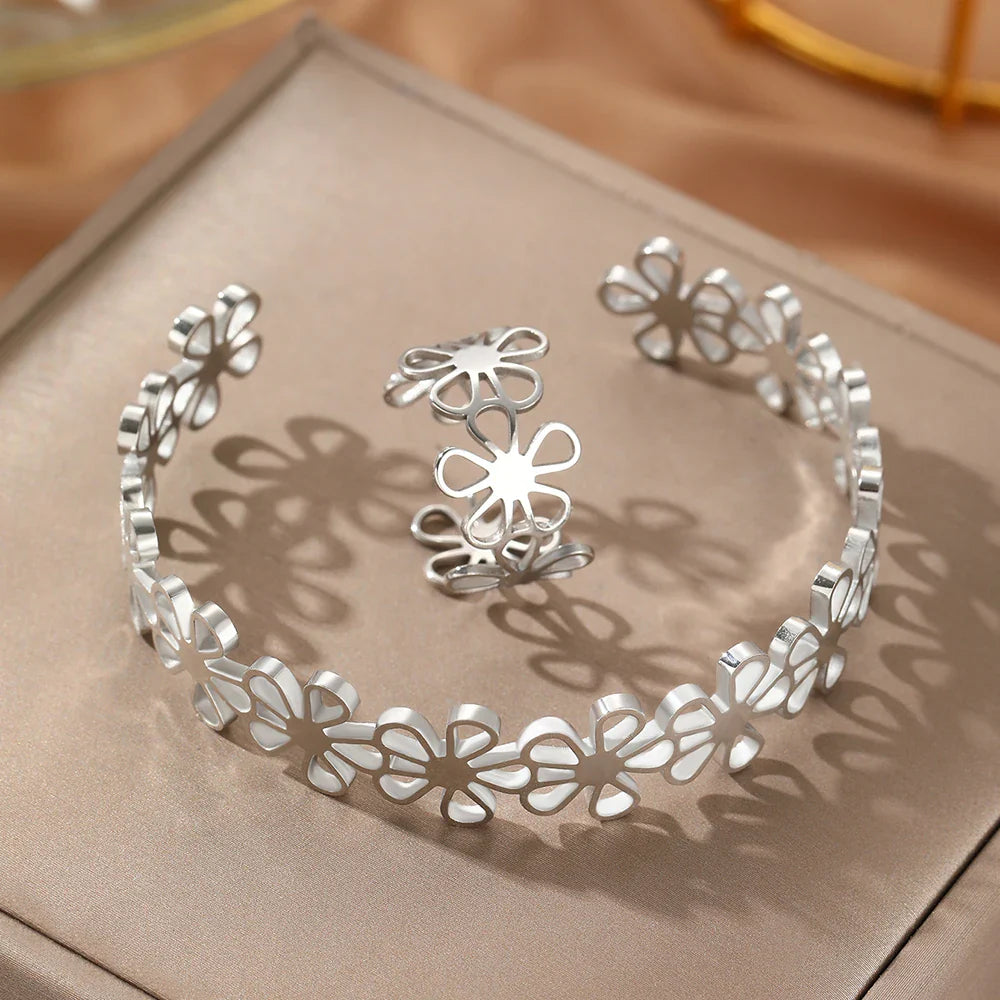 Stainless Steel Bracelet Rings Set Hollow Flowers Unusual Retro Bracelet Ring For Women Jewelry Non-fading High-quality Gift New Vera Lux